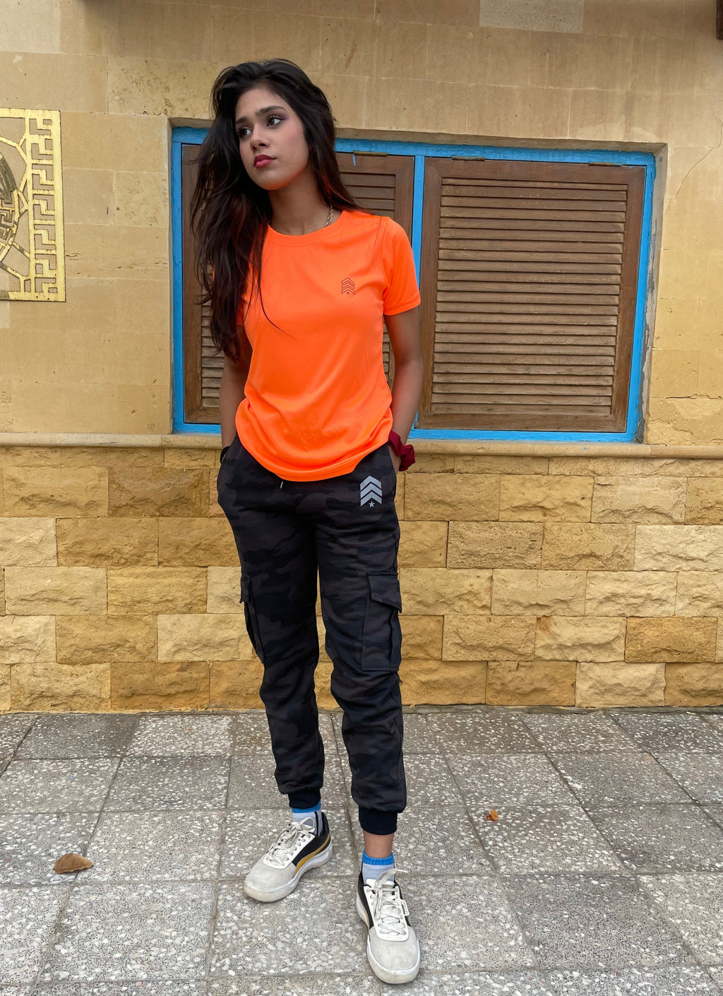 camo trouser womens with orange drifit tshirt 