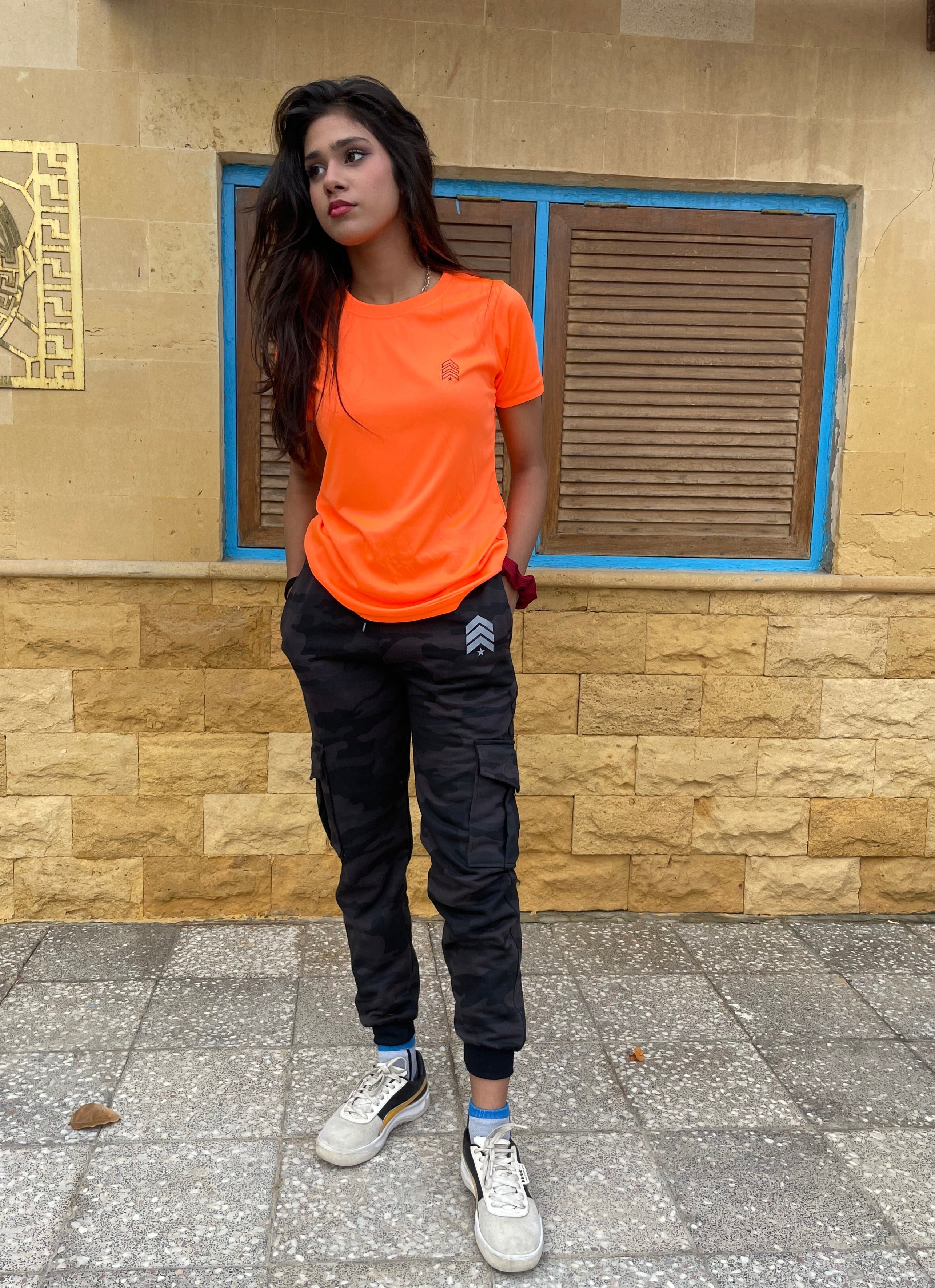 camo trouser womens with orange drifit tshirt 