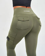 Women's Gym Cargo Tights Olive Green - Outgears Fitness