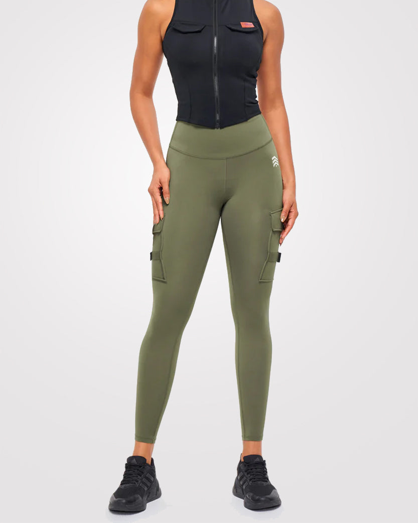 Women's Gym Cargo Tights Olive Green - Outgears Fitness