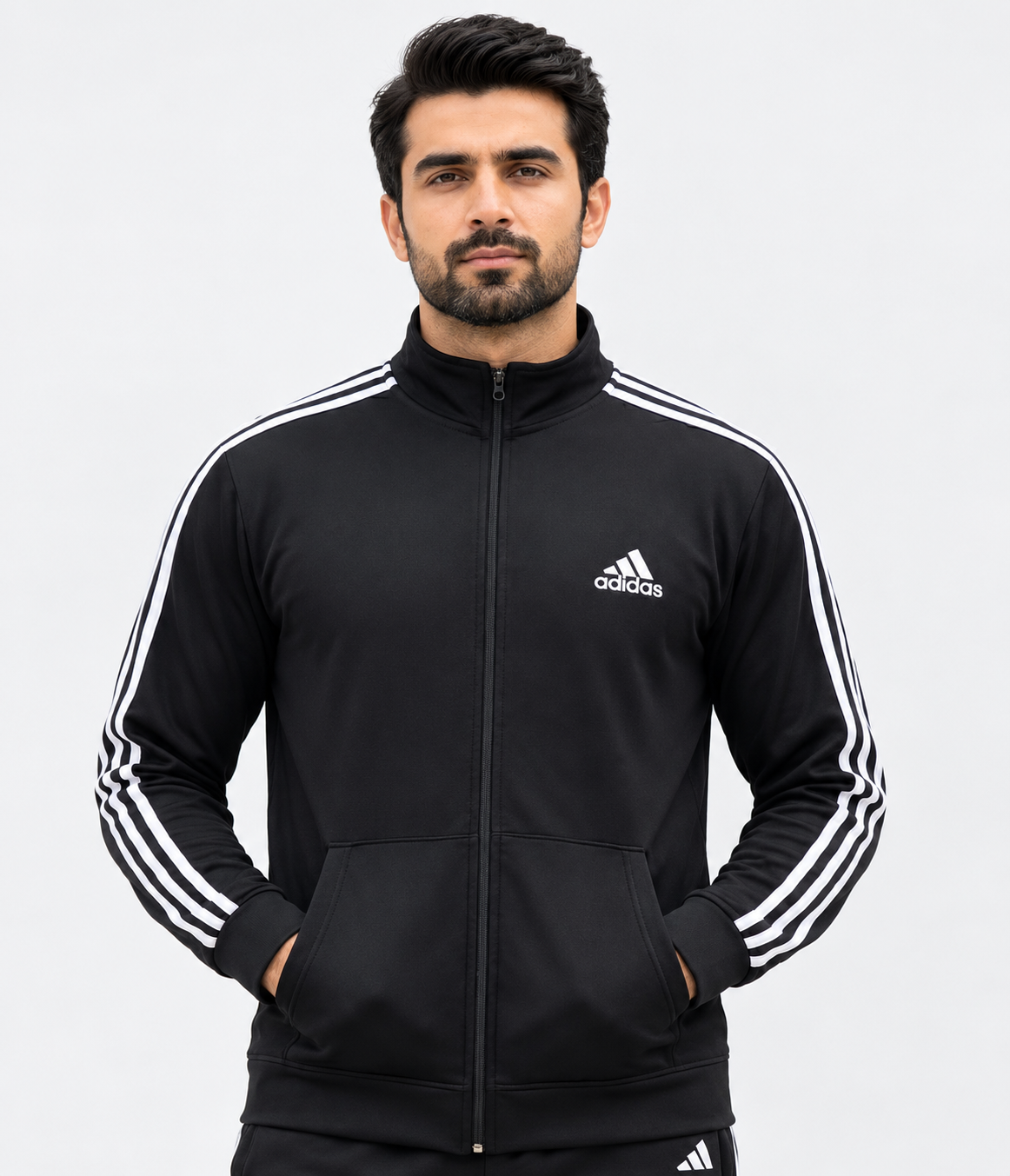 Men's black tracksuit with white stripes, full-zip jacket and matching track pants