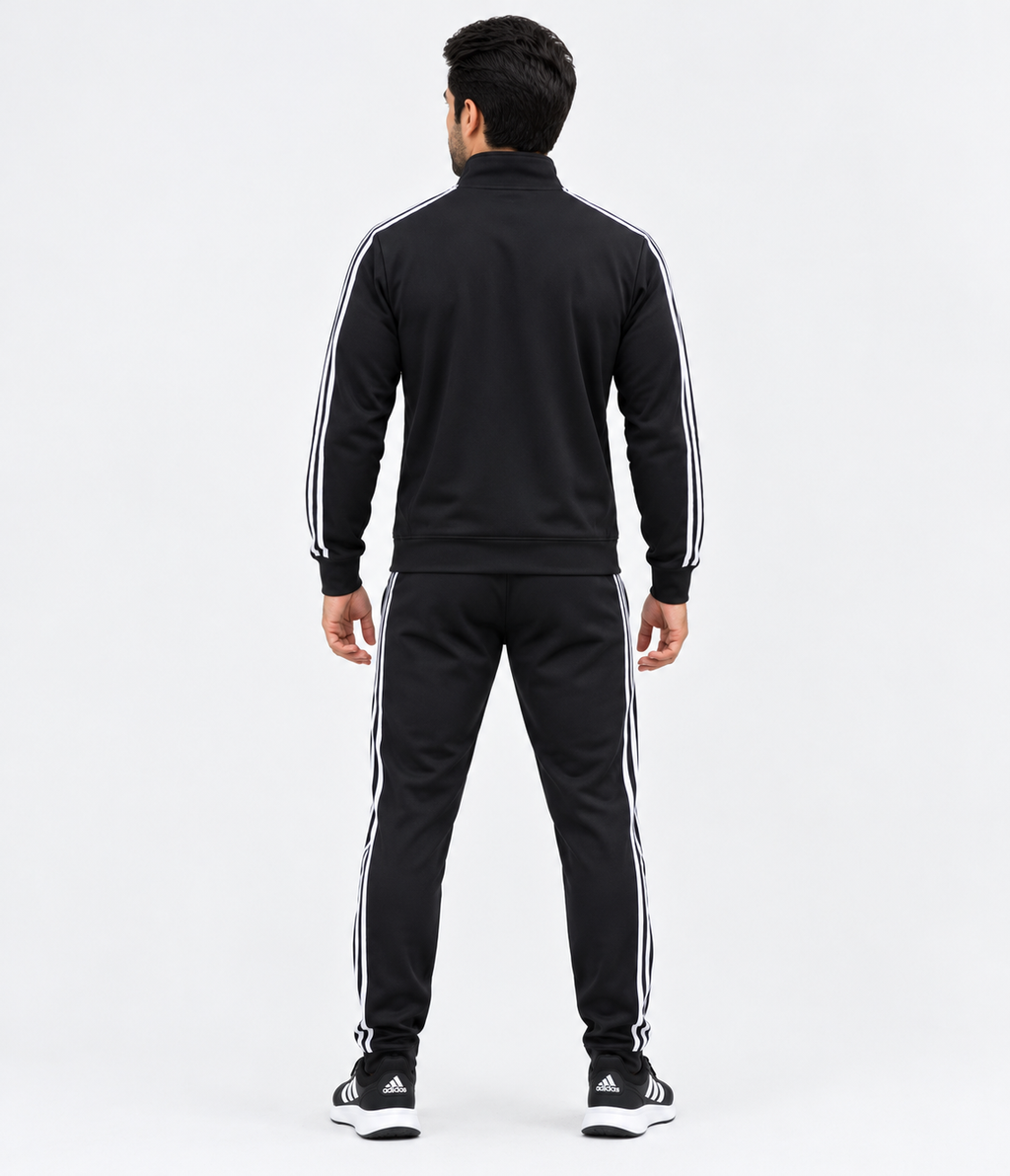 Men's black tracksuit with white stripes, full-zip jacket and matching track pants