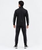 Men's black tracksuit with white stripes, full-zip jacket and matching track pants