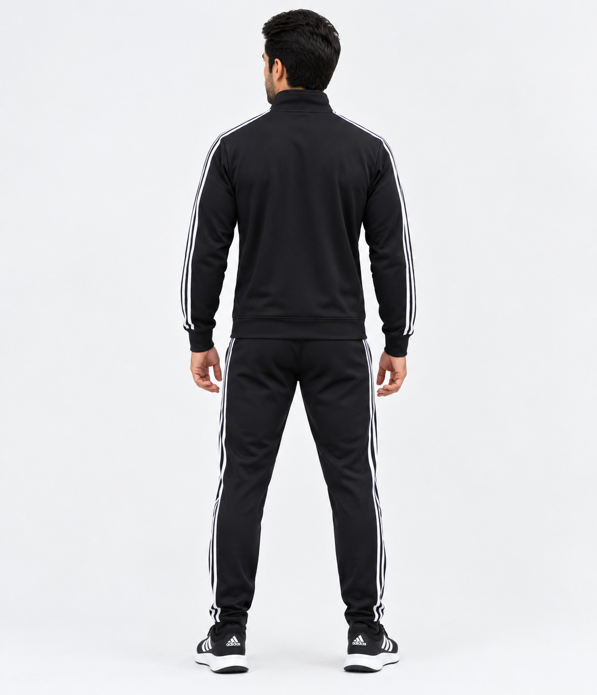 Men's black tracksuit with white stripes, full-zip jacket and matching track pants