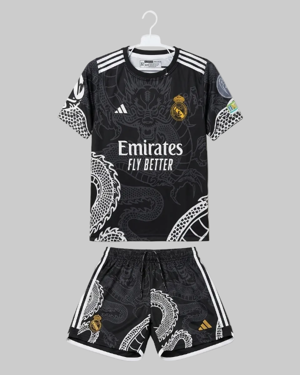 Black sports jersey and shorts set with dragon design on a white background