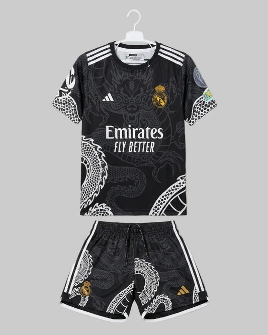 Black sports jersey and shorts set with dragon design on a white background