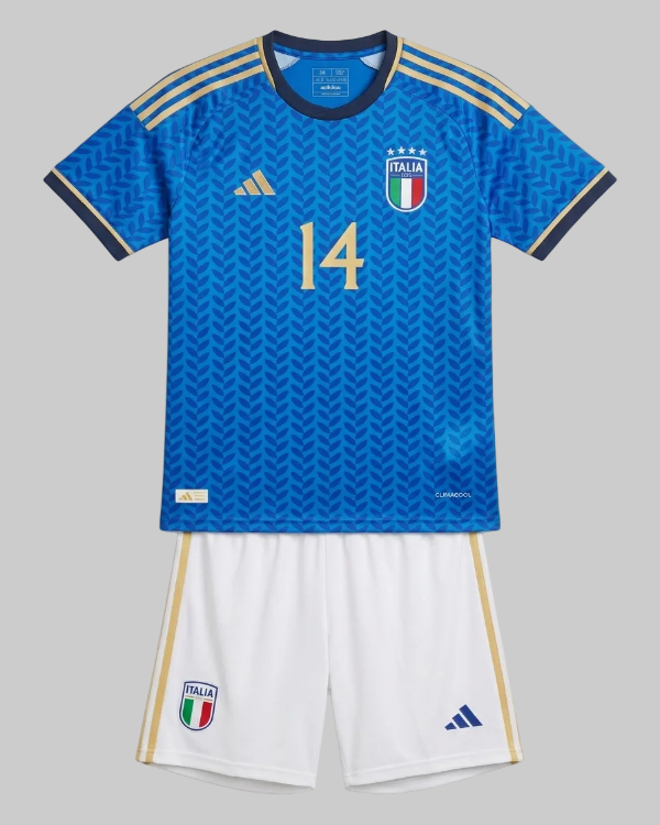 Blue soccer jersey with number 14 and white shorts on a white background