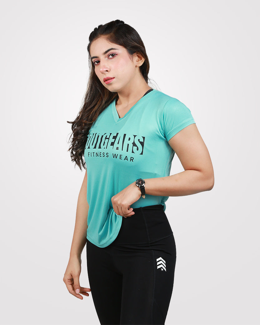 Women V-Neck Dri-Fit Tees Sea Green - Outgears Fitness