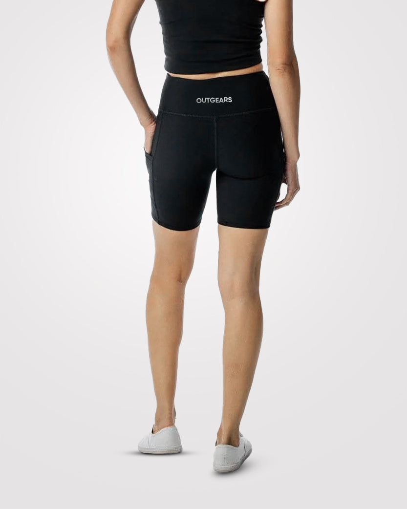 OutGears Fitness Wear Women's Bike Shorts in black, featuring a high-waist design, breathable fabric, and side pockets. Ideal for workouts, cycling, and yoga.