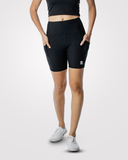 OutGears Fitness Wear Women's Bike Shorts in black, featuring a high-waist design, breathable fabric, and side pockets. Ideal for workouts, cycling, and yoga.